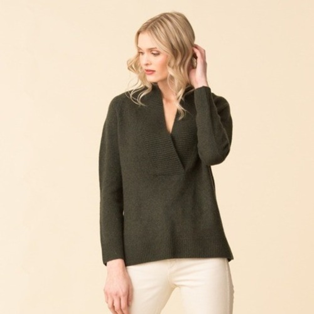 Vince Womens Wool Cashmere Sweater XS Moss Green Ribbed Shawl Collar V Neck Luxe